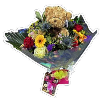 Truly Scrumptious - The Ultimate gift they will simply adore... An exquisite bouquet of flowers, a gorgeous teddy bear and a box of delicious Belgian Chocolates... Truly Scrumptious Indeed!