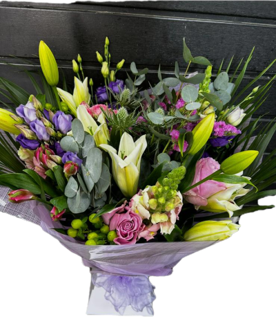 Heaven Scent - A heaven sent hand tied bouquet that will delight your senses! The scented lilies paired with roses, lisianthus, thistle, alstro and lush foliage are sure to be the perfect gift.