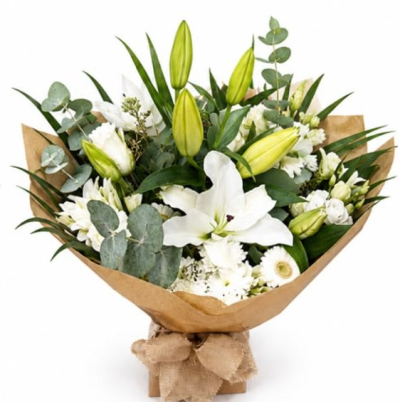 Serenity - A graceful hand-tied bouquet in elegant white and fresh green tones, thoughtfully arranged to convey love, comfort and heartfelt wishes for any occasion.