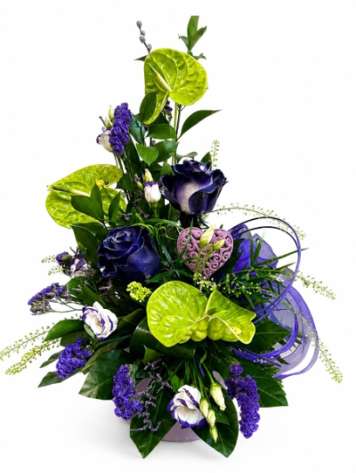 Zesty lime & Purple - A striking contemporary arrangement in rich purple and vibrant green tones, thoughtfully designed in a keepsake container for a lasting impression. (Not available for same-day delivery.)