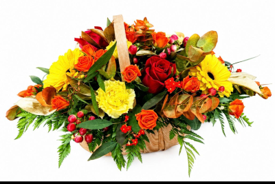 Harvest Fields Basket - A lovely basket arrangement of autumnal shades with seasonal flowers.